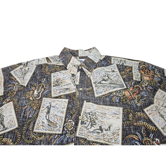 VTG Reyn Spooner Reverse Print Shirt AOP Men's Large Black Surfing Eddy Guitar - Picture 2 of 13